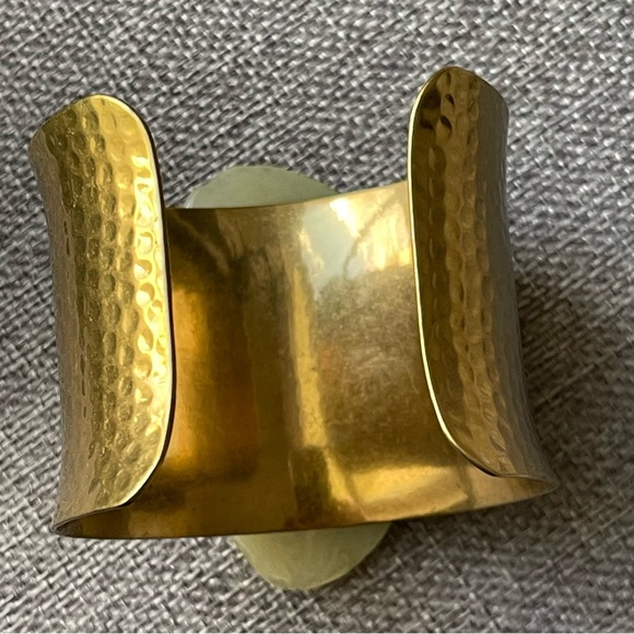 Hammered Brass Cuff Bracelet Adorned with Acrylic Pale Green Stone - Picture 13 of 16